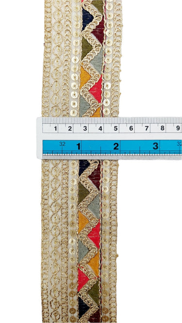 Tissue Fabric Sequin Border, Beige Shimmer Tissue Fabric Lace Trim Temple Embroidery, Decorative Trim
